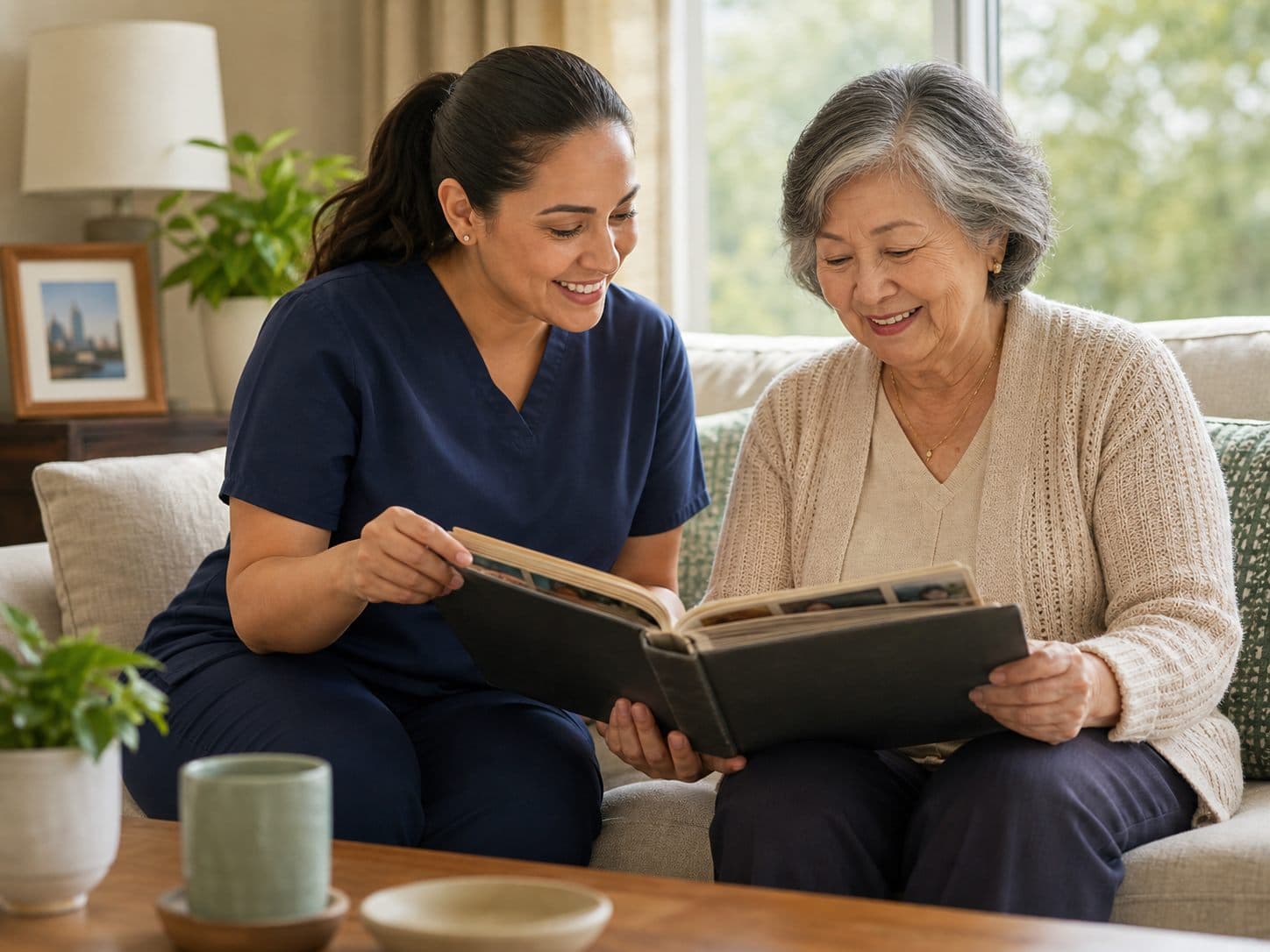 Caregiver providing companion care for a senior at home