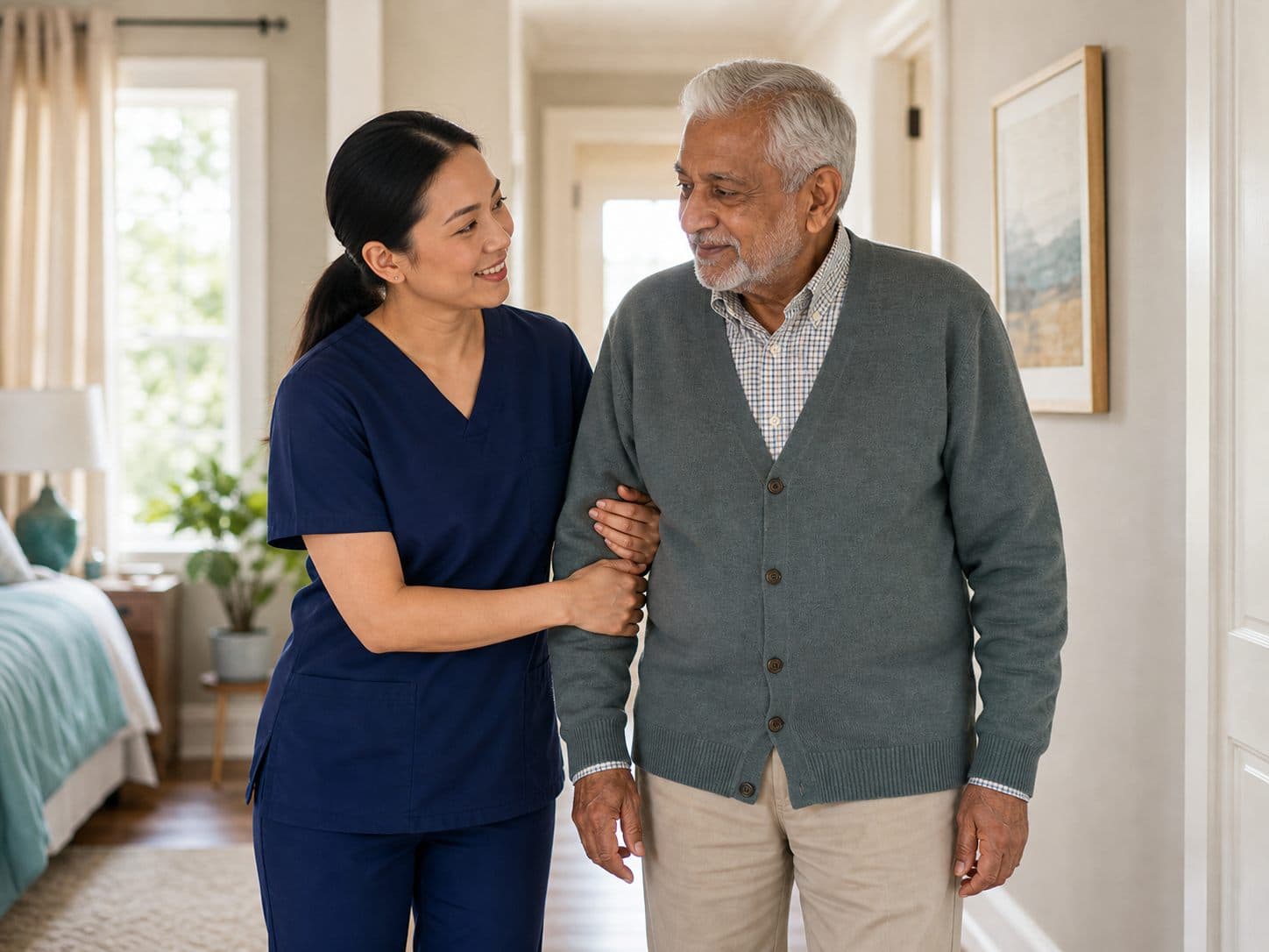 Caregiver providing personal care support for an older adult at home
